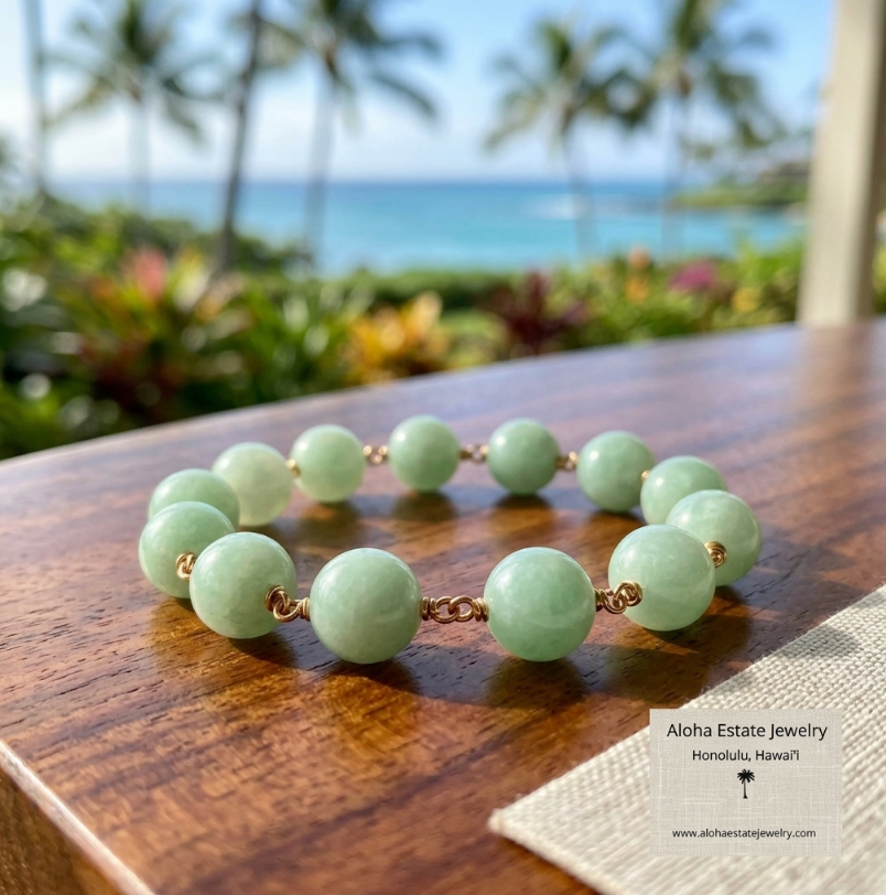 Natural Jadeite Bead Bracelet, Apple Green, 14K Gold, 8.25"