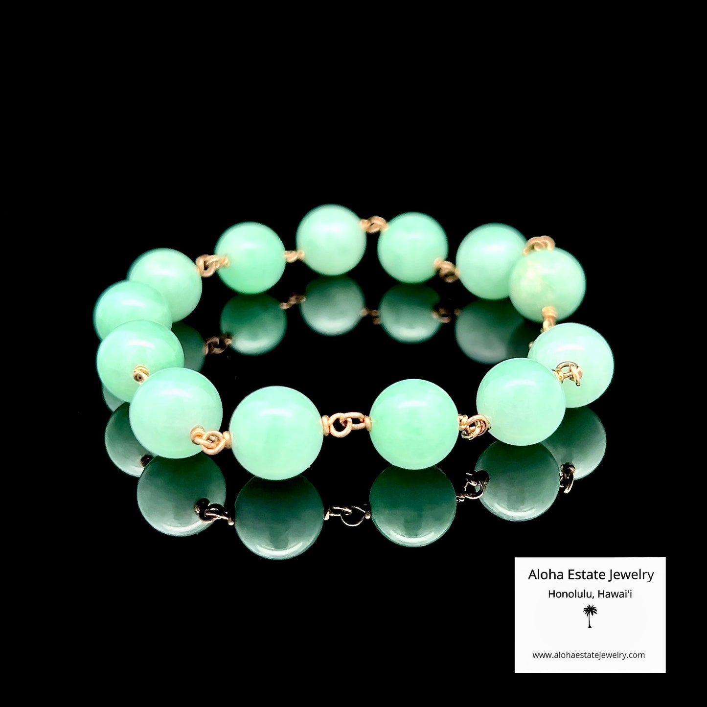 Natural Jadeite Bead Bracelet, Apple Green, 14K Gold, 8.25"