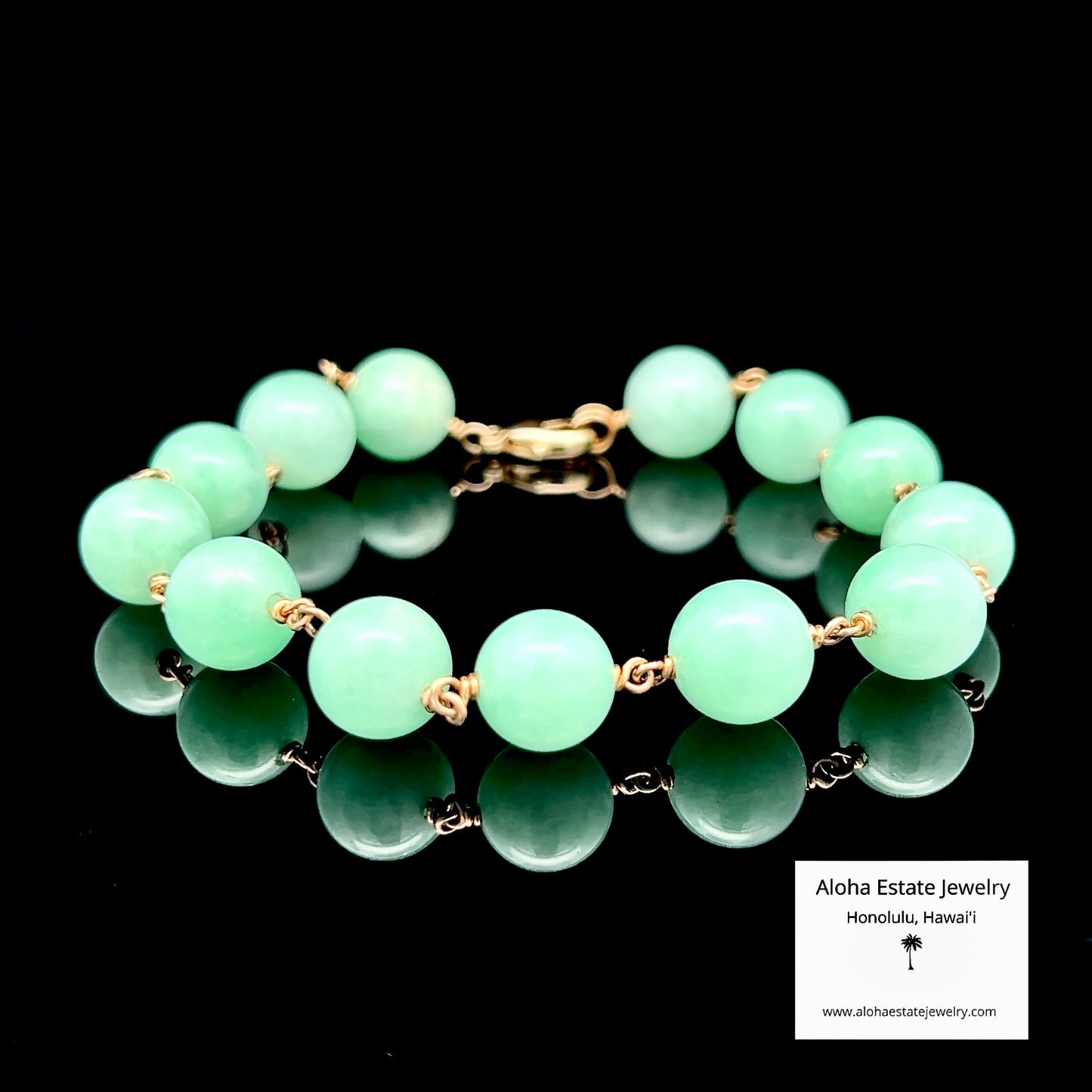 Natural Jadeite Bead Bracelet, Apple Green, 14K Gold, 8.25"