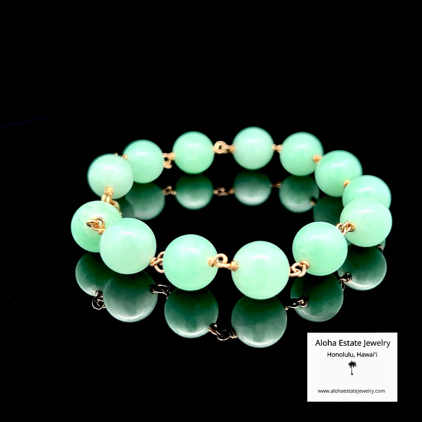 Natural Jadeite Bead Bracelet, Apple Green, 14K Gold, 8.25"