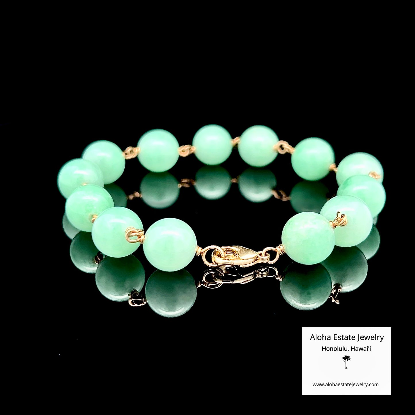 Natural Jadeite Bead Bracelet, Apple Green, 14K Gold, 8.25"