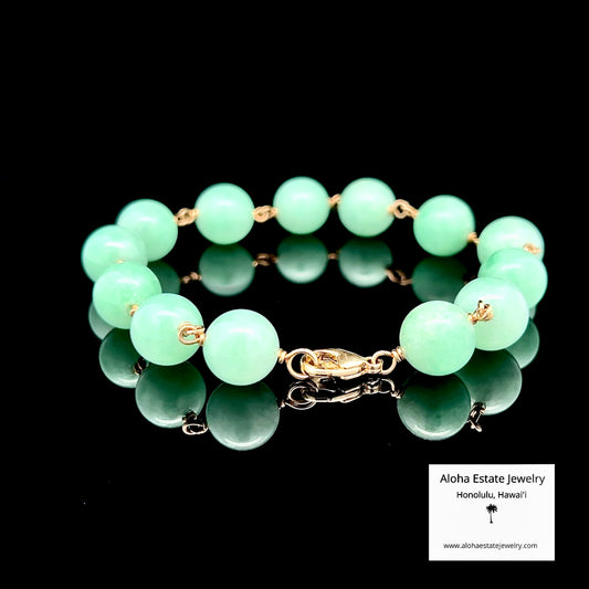 Natural Jadeite Bead Bracelet, Apple Green, 14K Gold, 8.25"