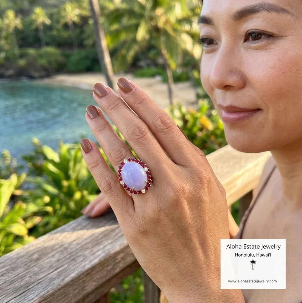 Lavender Jadeite Ring, Red Spinel & Diamond Halo, 14K Gold