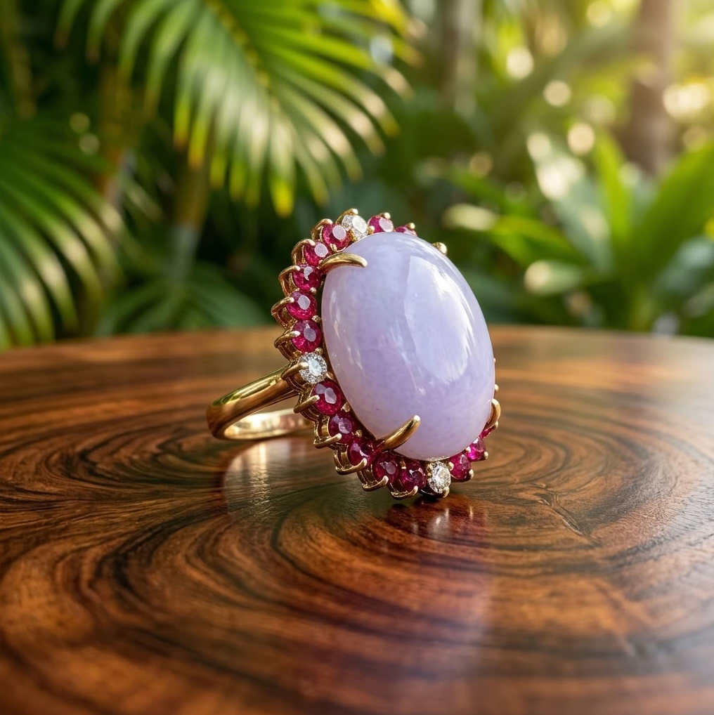Lavender Jadeite Ring, Red Spinel & Diamond Halo, 14K Gold