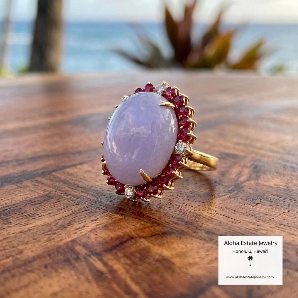 Lavender Jadeite Ring, Red Spinel & Diamond Halo, 14K Gold