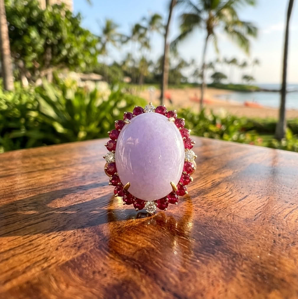 Lavender Jadeite Ring, Red Spinel & Diamond Halo, 14K Gold
