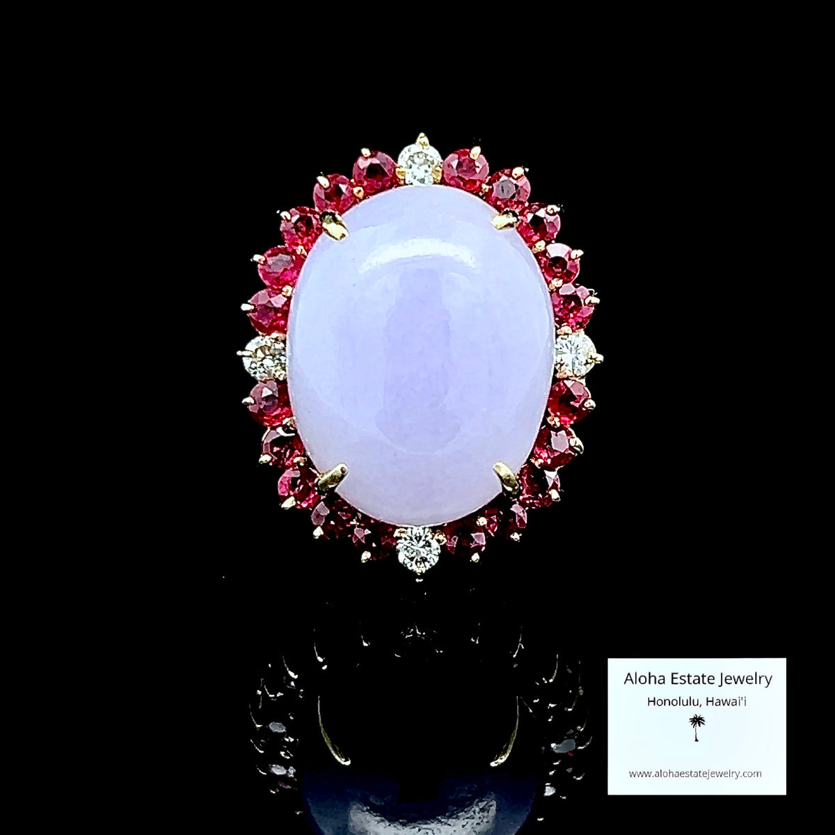 Lavender Jadeite Ring, Red Spinel & Diamond Halo, 14K Gold