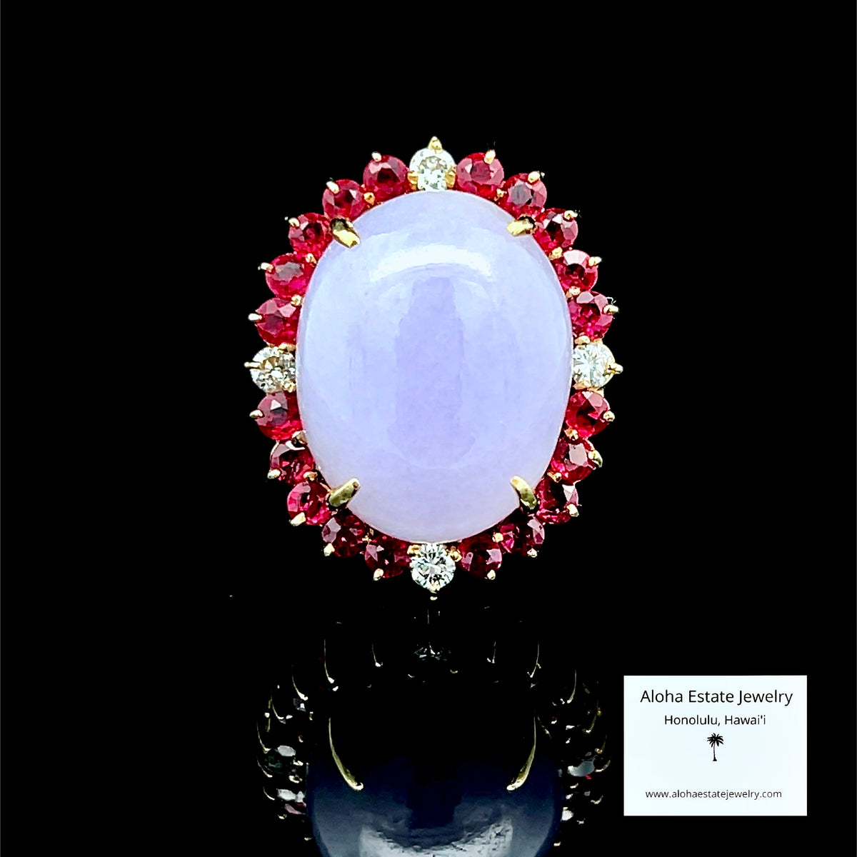 Lavender Jadeite Ring, Red Spinel & Diamond Halo, 14K Gold