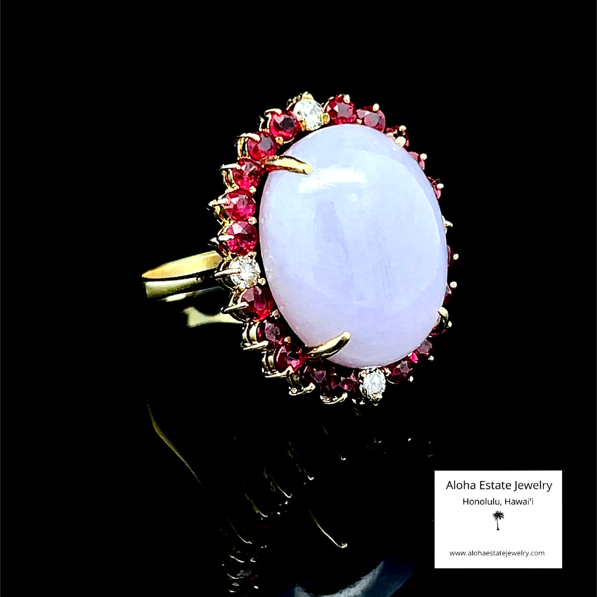Lavender Jadeite Ring, Red Spinel & Diamond Halo, 14K Gold