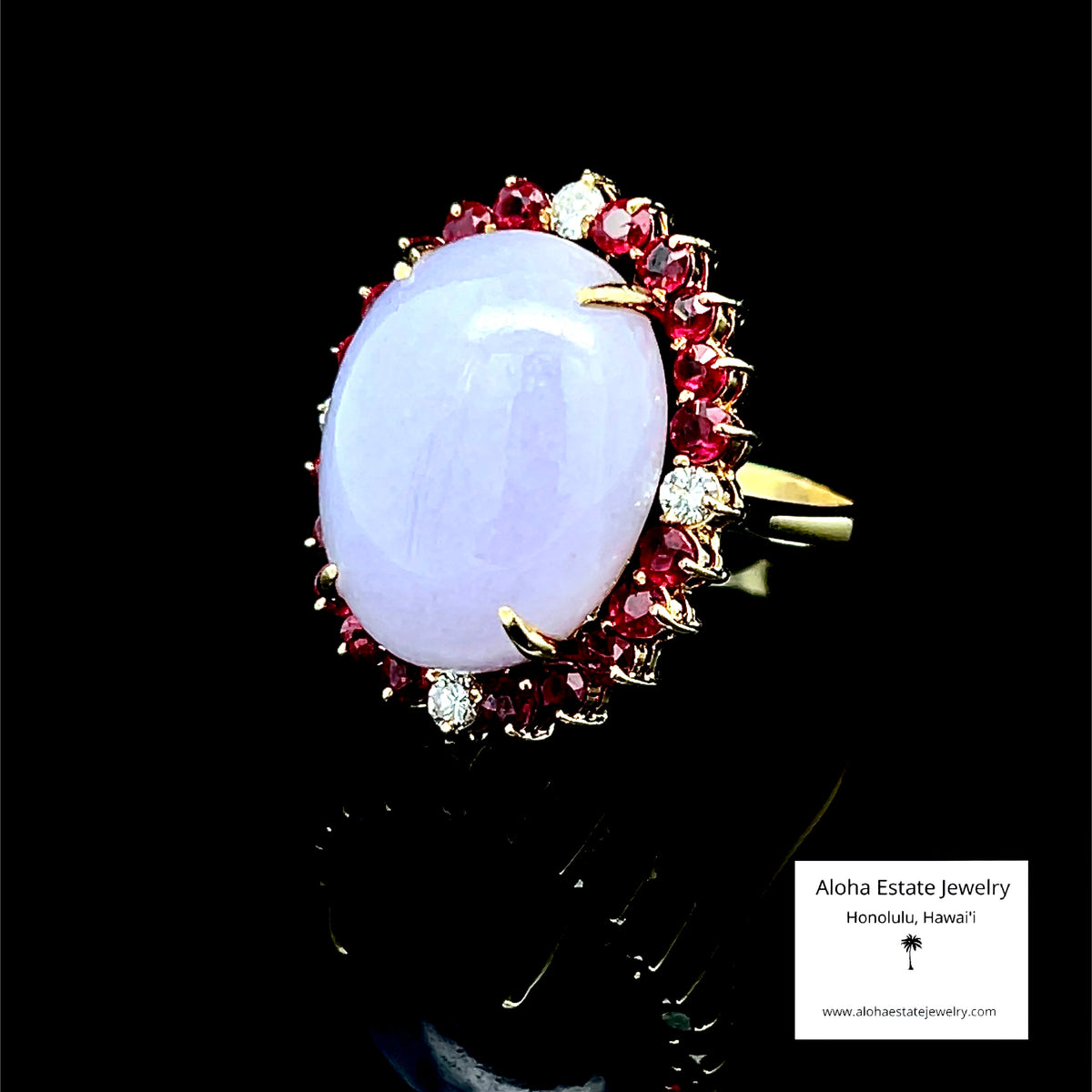 Lavender Jadeite Ring, Red Spinel & Diamond Halo, 14K Gold