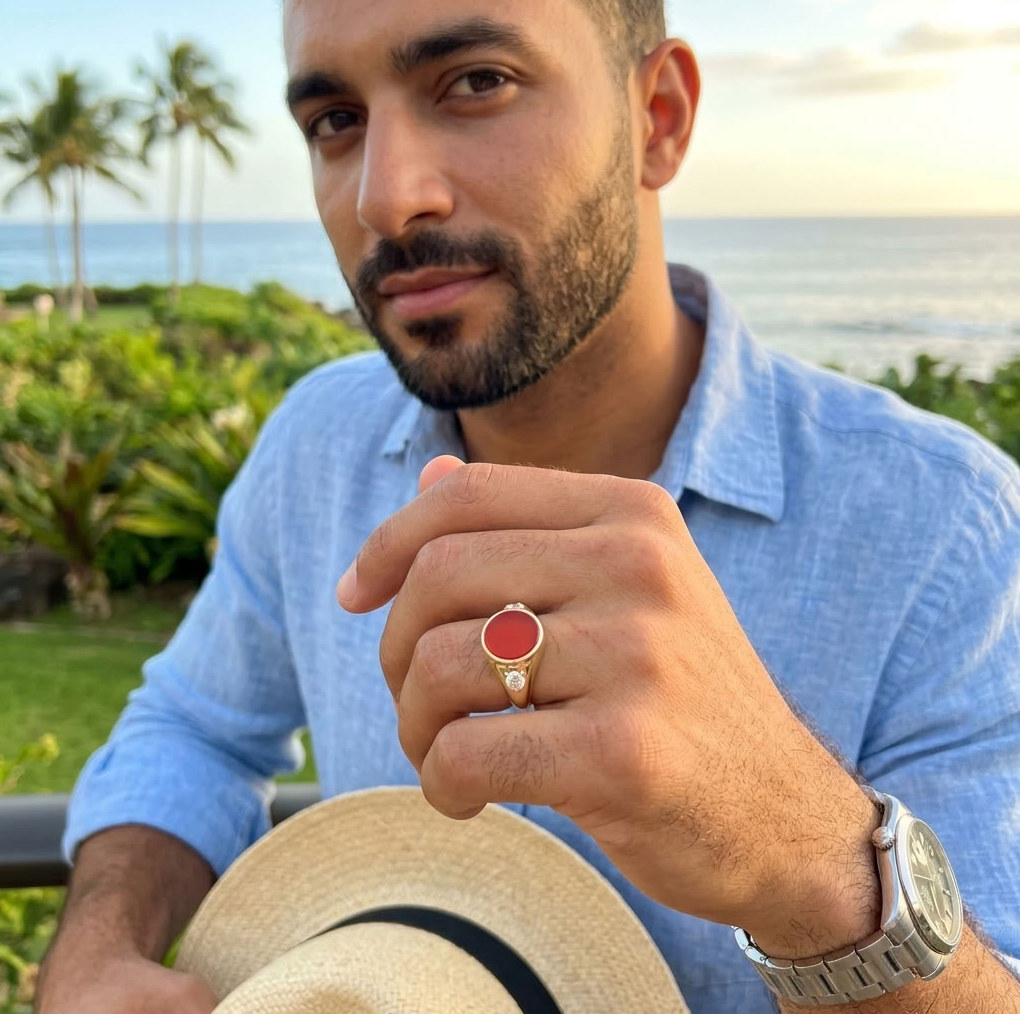 Documented 18K Signet Ring, Carnelian, 2 GIA Diamonds