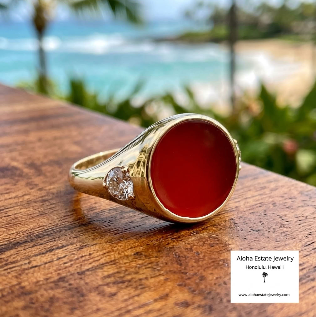 Documented 18K Signet Ring, Carnelian, 2 GIA Diamonds