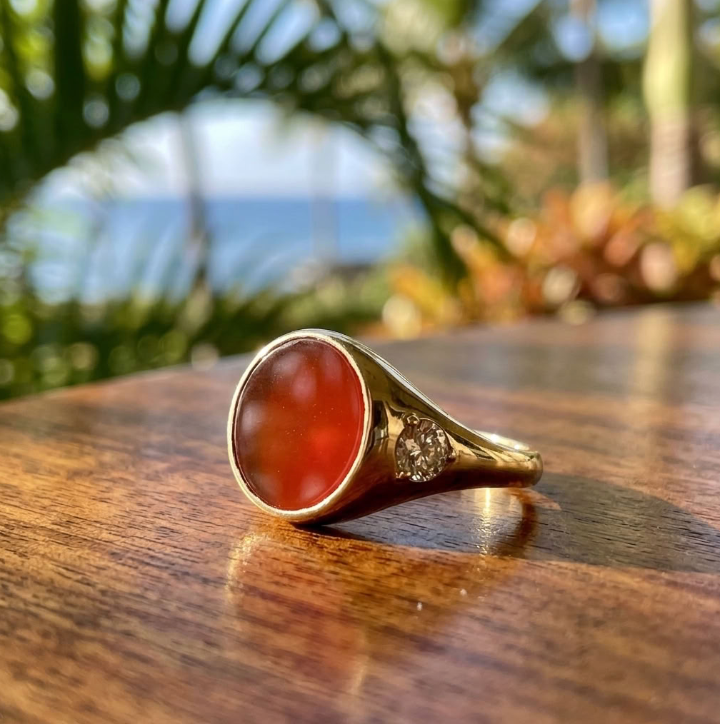 Documented 18K Signet Ring, Carnelian, 2 GIA Diamonds