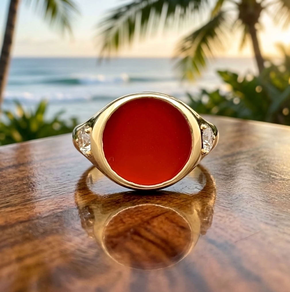 Documented 18K Signet Ring, Carnelian, 2 GIA Diamonds
