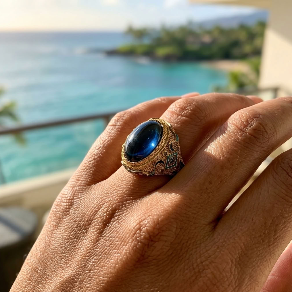 Vintage Tanzanite Ring, 14K Gold Mesh & Enamel, 5.25ct