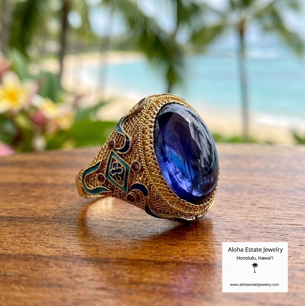 Vintage Tanzanite Ring, 14K Gold Mesh & Enamel, 5.25ct