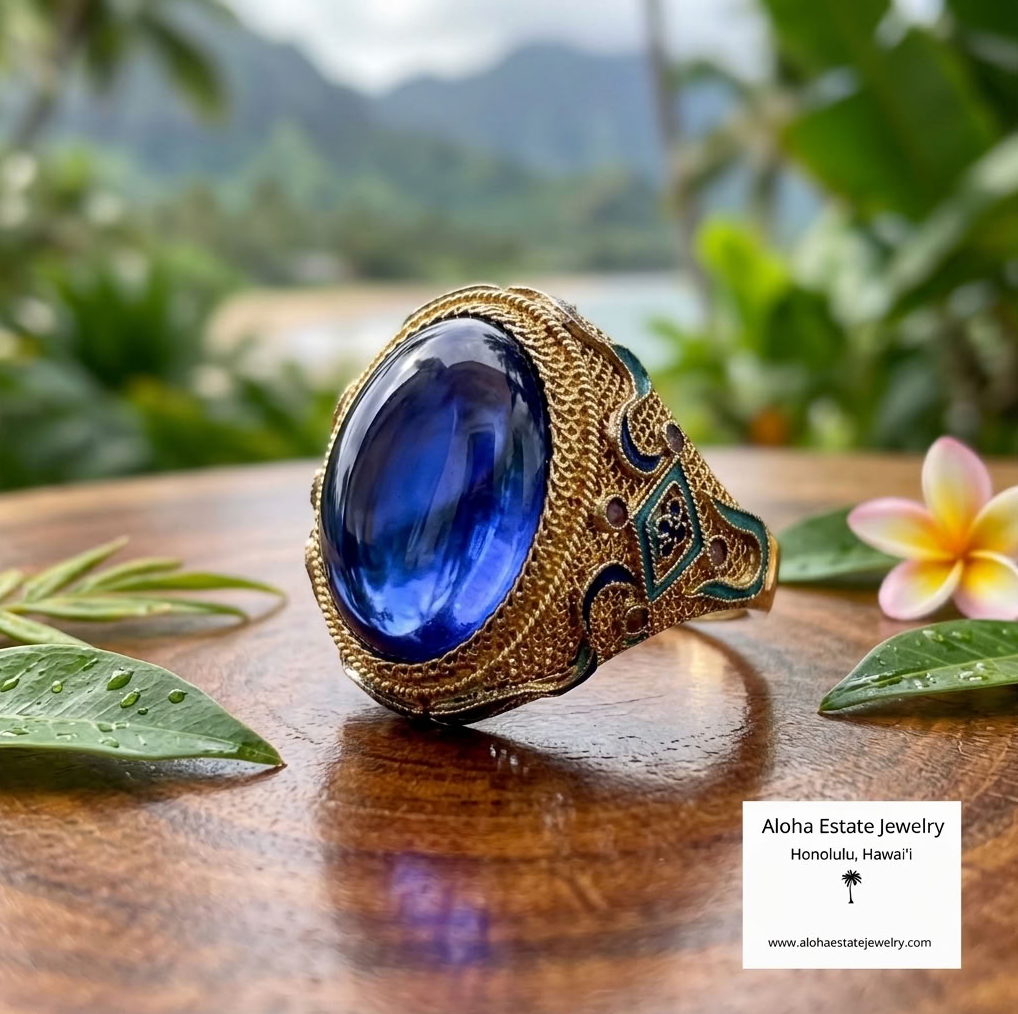 Vintage Tanzanite Ring, 14K Gold Mesh & Enamel, 5.25ct