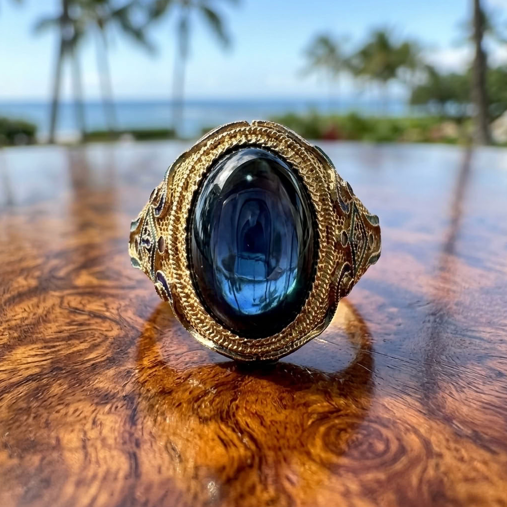 Vintage Tanzanite Ring, 14K Gold Mesh & Enamel, 5.25ct