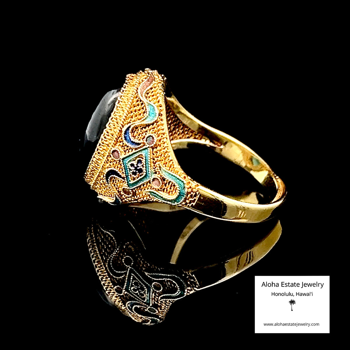 Vintage Tanzanite Ring, 14K Gold Mesh & Enamel, 5.25ct