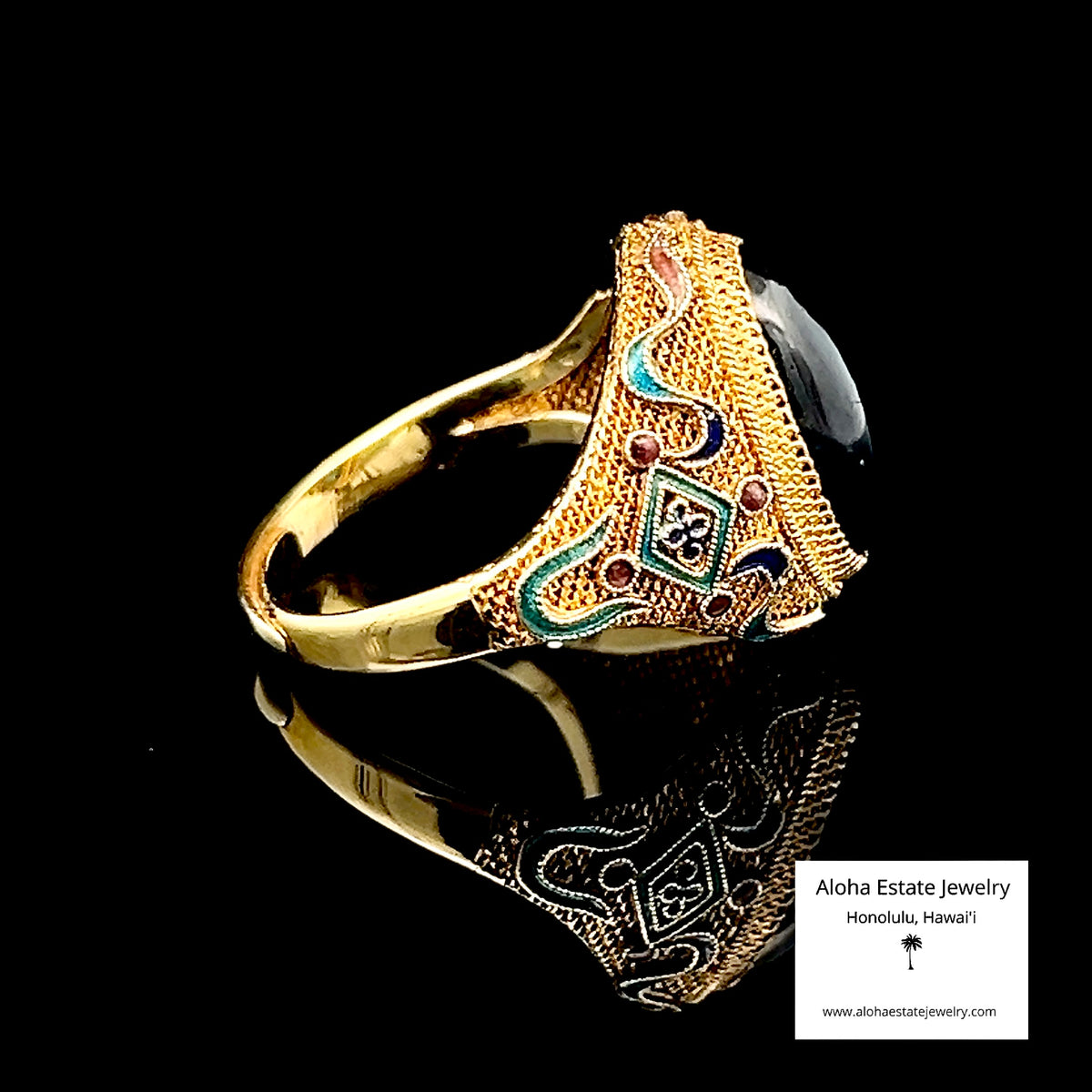 Vintage Tanzanite Ring, 14K Gold Mesh & Enamel, 5.25ct