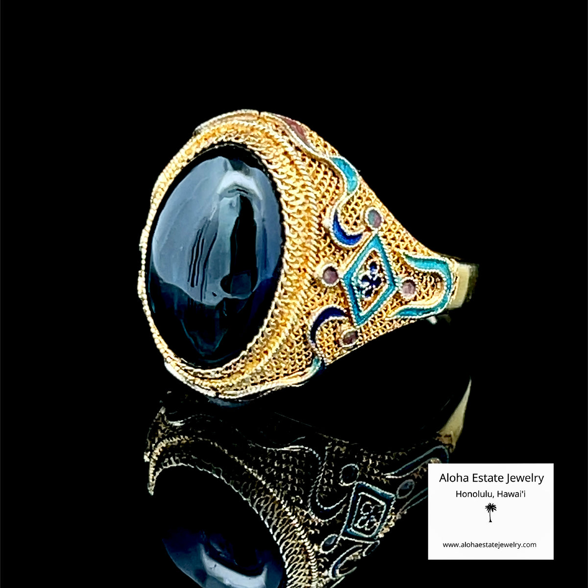 Vintage Tanzanite Ring, 14K Gold Mesh & Enamel, 5.25ct