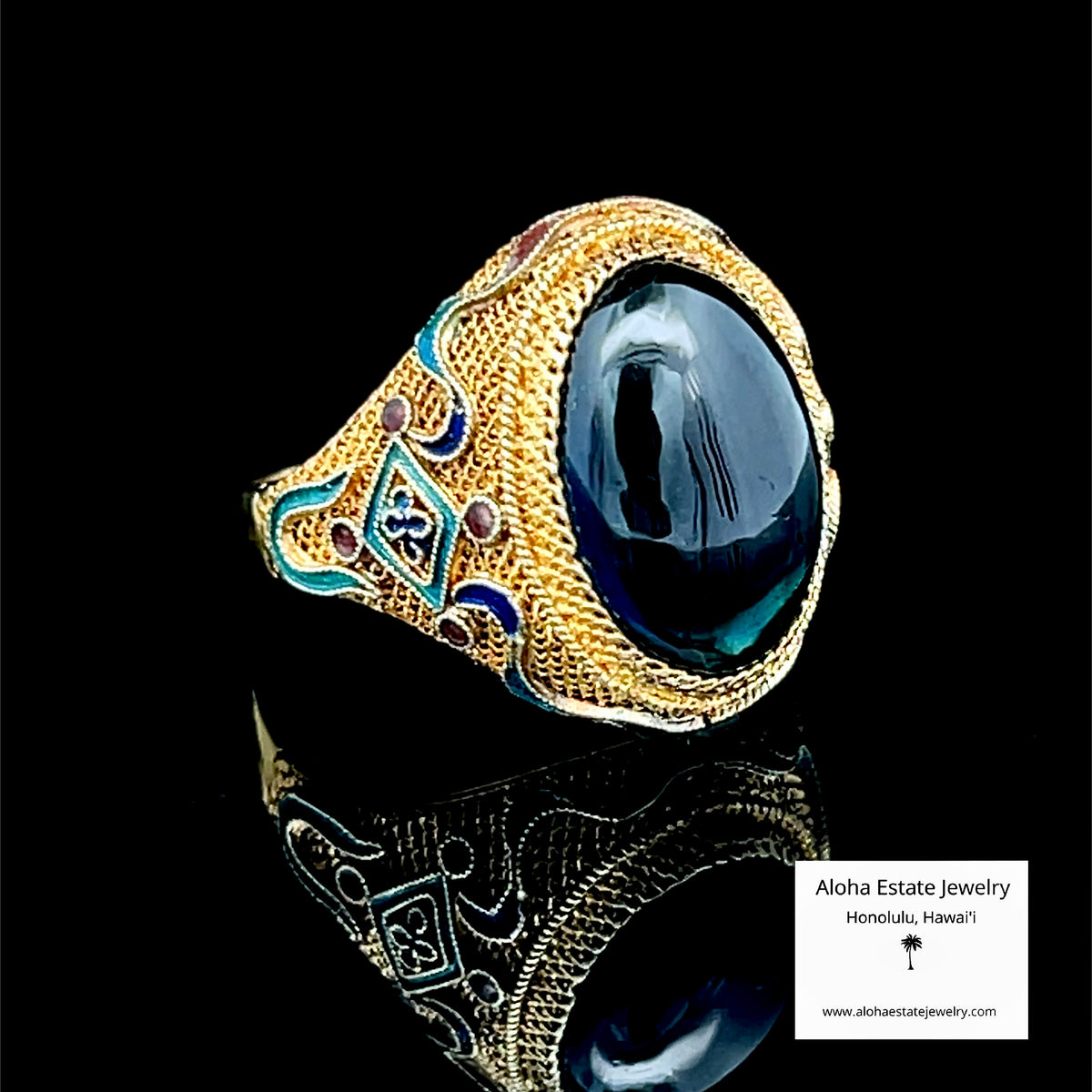 Vintage Tanzanite Ring, 14K Gold Mesh & Enamel, 5.25ct