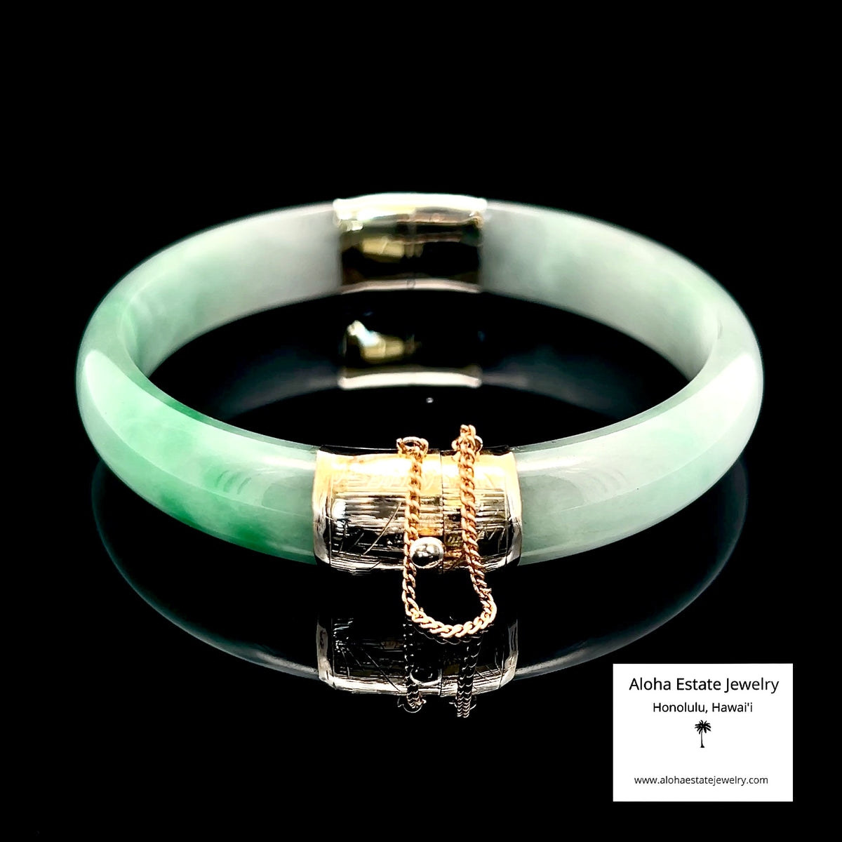 Vintage 14K Gold Hinged Jadeite Bangle Bracelet | Moss-in-Snow Jade