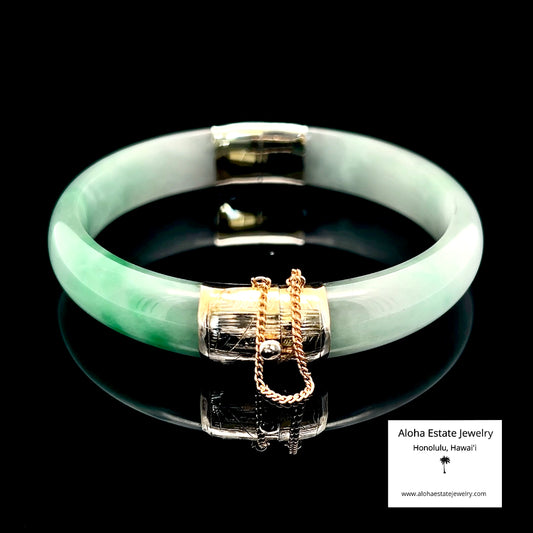 Vintage 14K Gold Hinged Jadeite Bangle Bracelet | Moss-in-Snow Jade