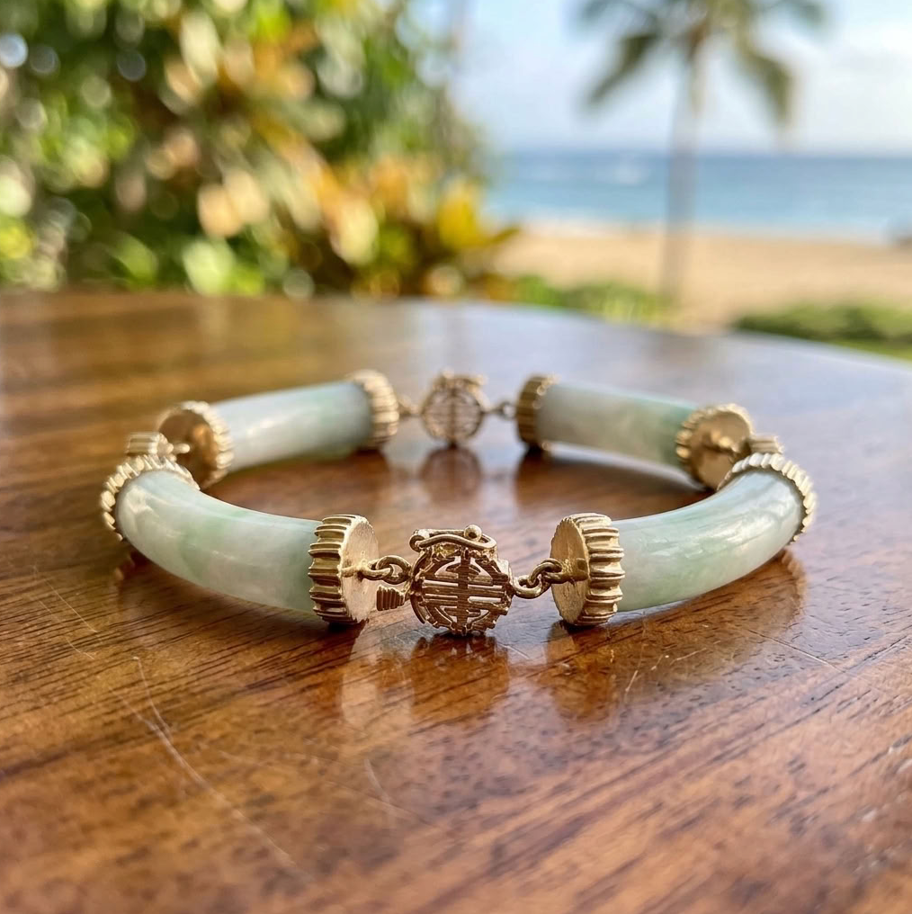 Unique Jadeite Link Bracelet, 14K Gold - Longevity Symbols