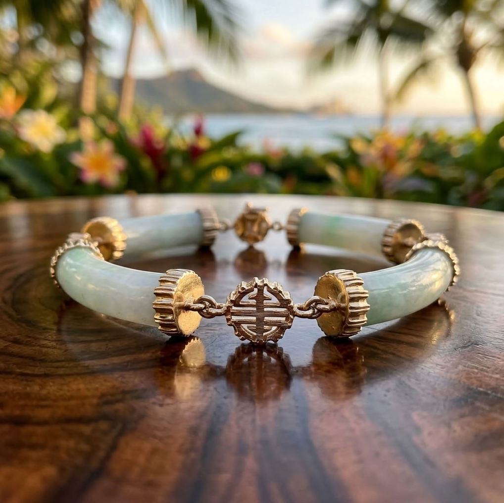 Unique Jadeite Link Bracelet, 14K Gold - Longevity Symbols