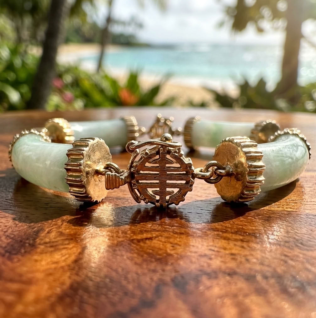 Unique Jadeite Link Bracelet, 14K Gold - Longevity Symbols