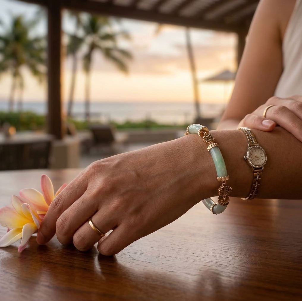 Unique Jadeite Link Bracelet, 14K Gold - Longevity Symbols