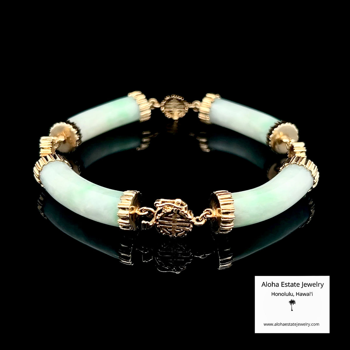 Unique Jadeite Link Bracelet, 14K Gold - Longevity Symbols