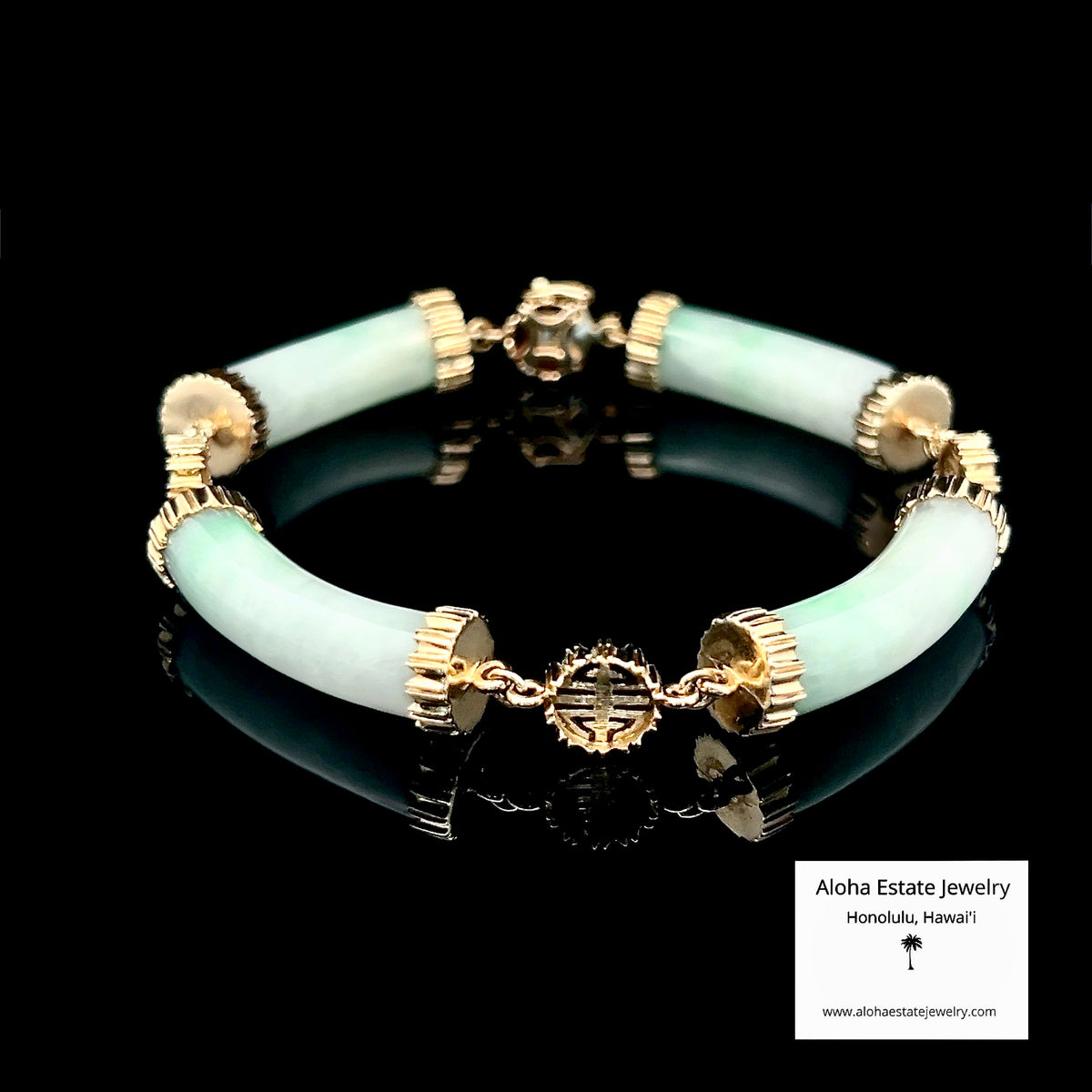 Unique Jadeite Link Bracelet, 14K Gold - Longevity Symbols