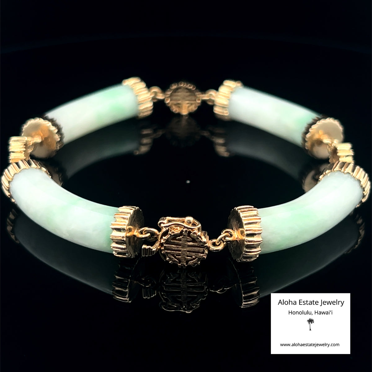Unique Jadeite Link Bracelet, 14K Gold - Longevity Symbols