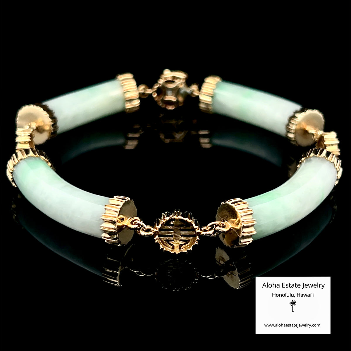 Unique Jadeite Link Bracelet, 14K Gold - Longevity Symbols