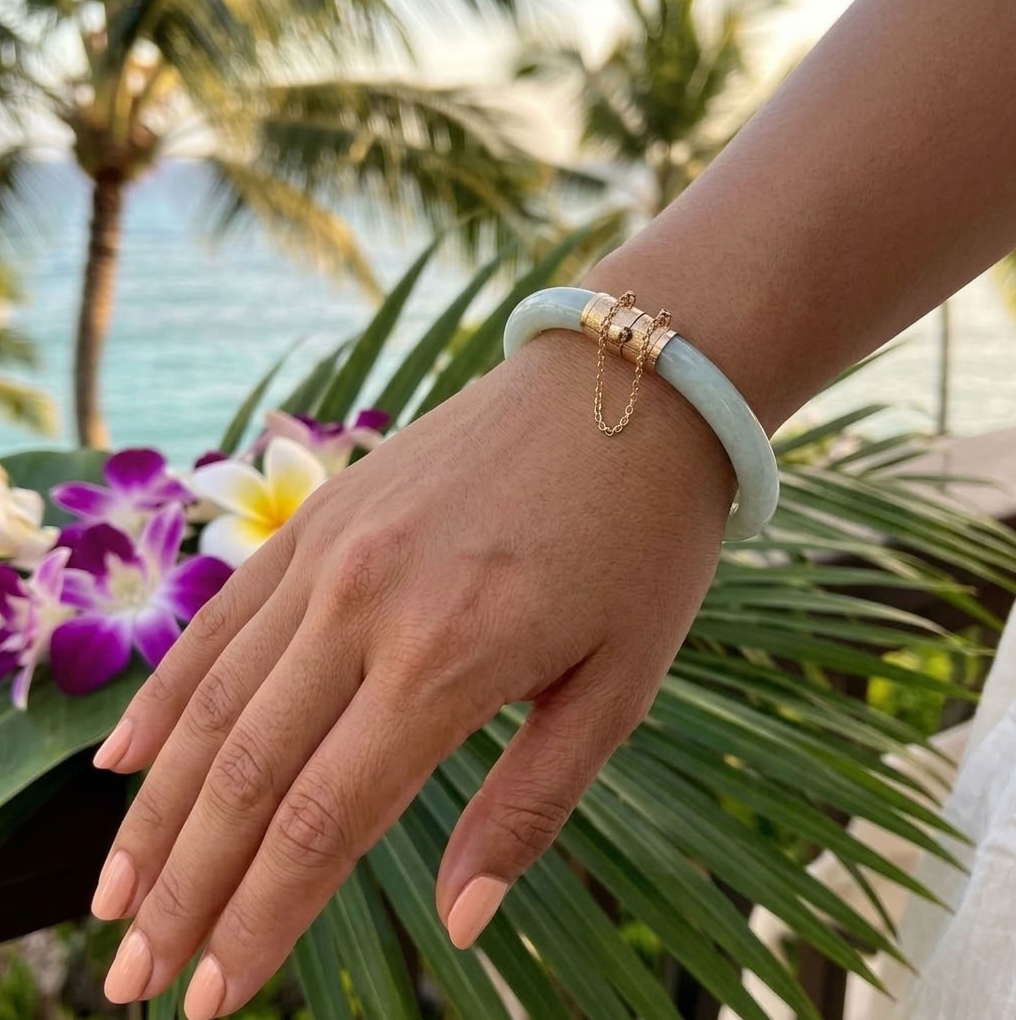 Natural Jadeite Bangle, Light Apple Green, 14K