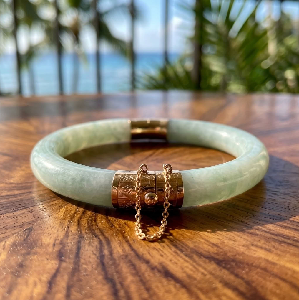 Natural Jadeite Bangle, Light Apple Green, 14K