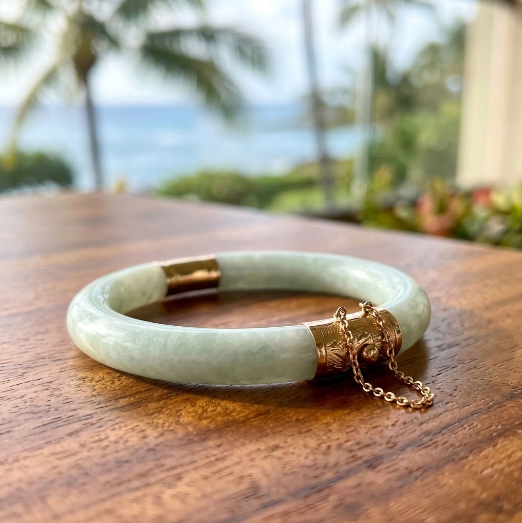 Natural Jadeite Bangle, Light Apple Green, 14K
