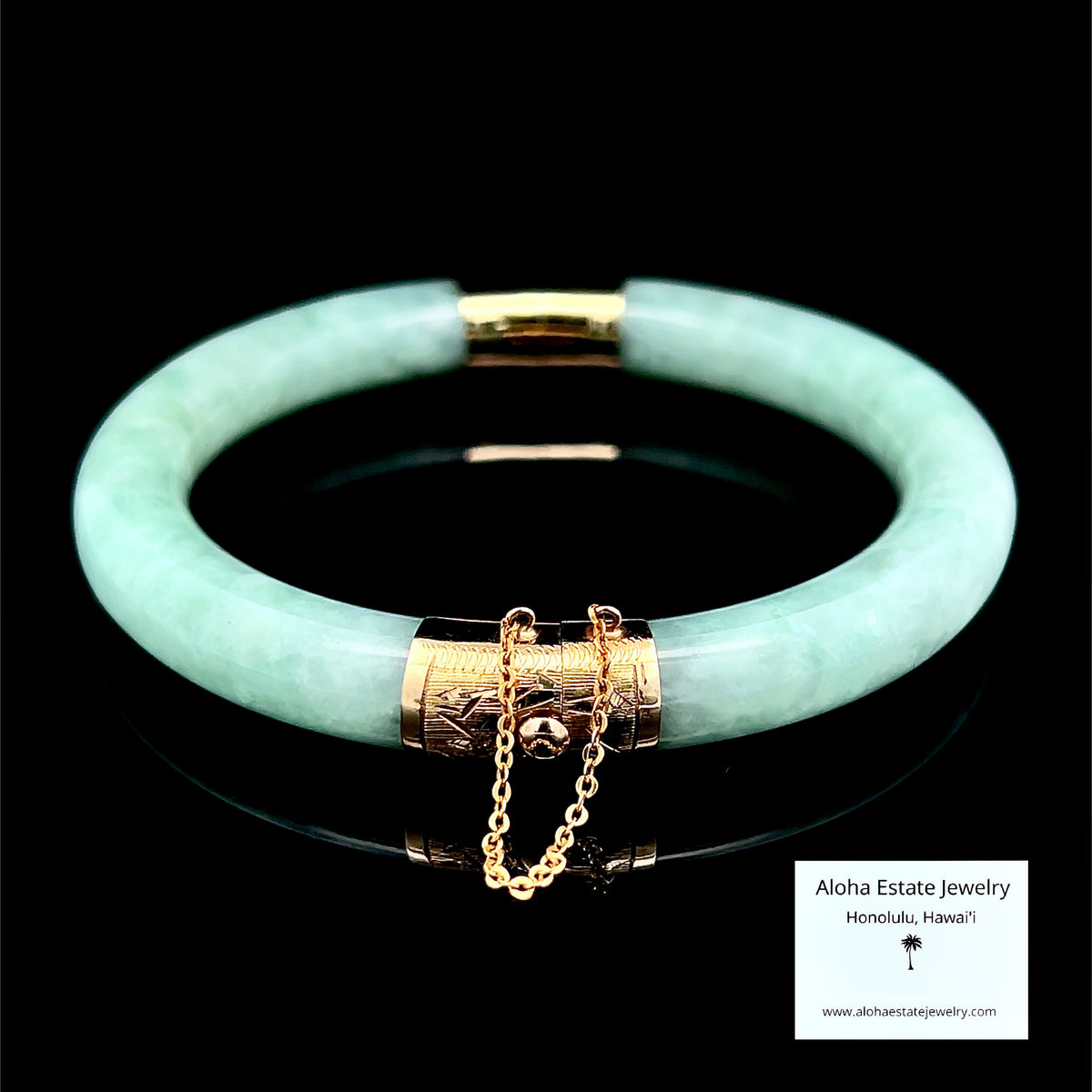 Natural Jadeite Bangle, Light Apple Green, 14K