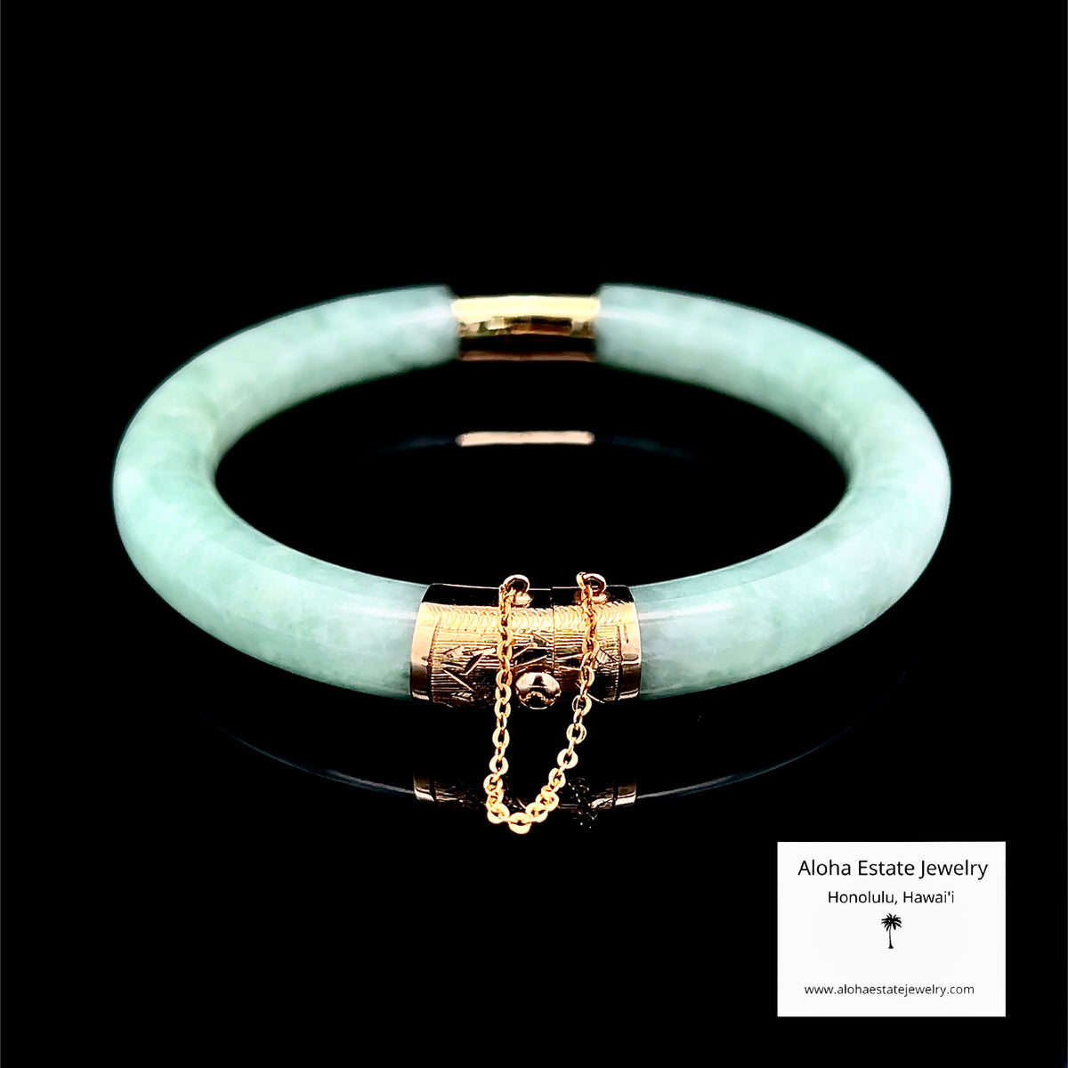 Natural Jadeite Bangle, Light Apple Green, 14K