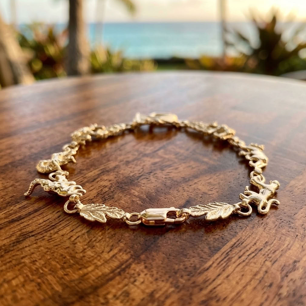 14K Gold Noah’s Ark Bracelet with Animals, 7.25 Inch Estate Jewelry