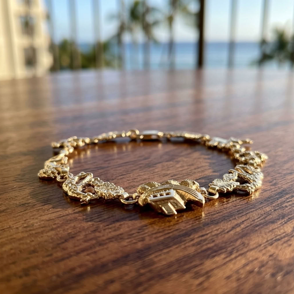 14K Gold Noah’s Ark Bracelet with Animals, 7.25 Inch Estate Jewelry