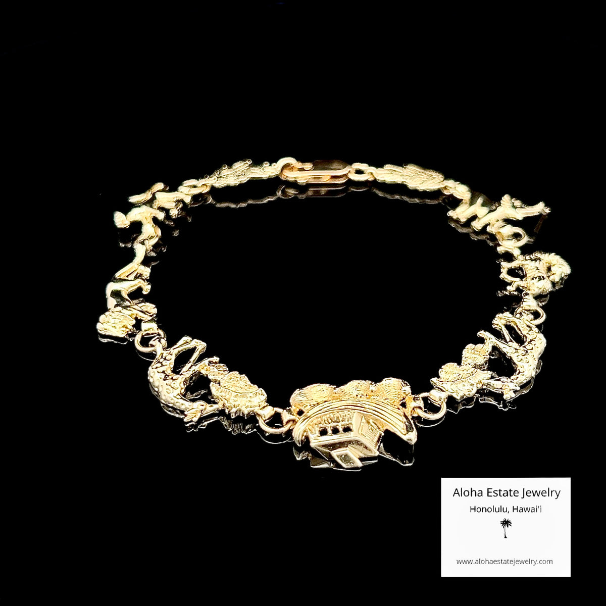 14K Gold Noah’s Ark Bracelet with Animals, 7.25 Inch Estate Jewelry