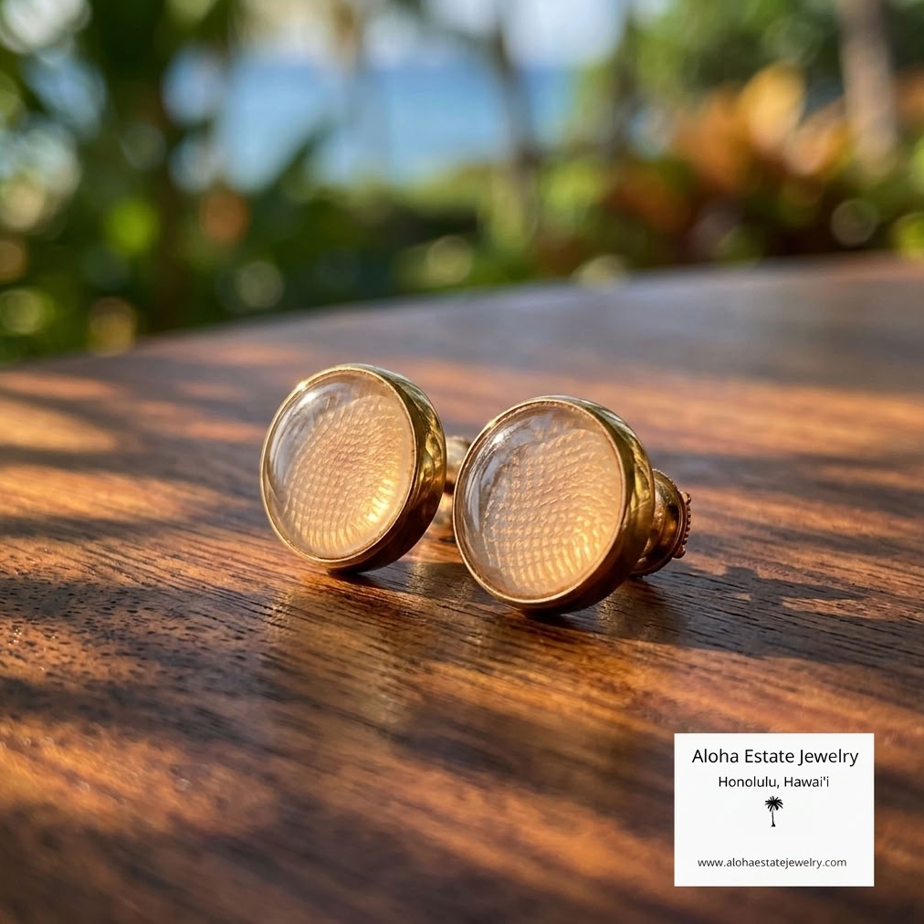 Vintage Bulgari 18K Gold Cabochon Earrings, Guilloche Base with Boxes