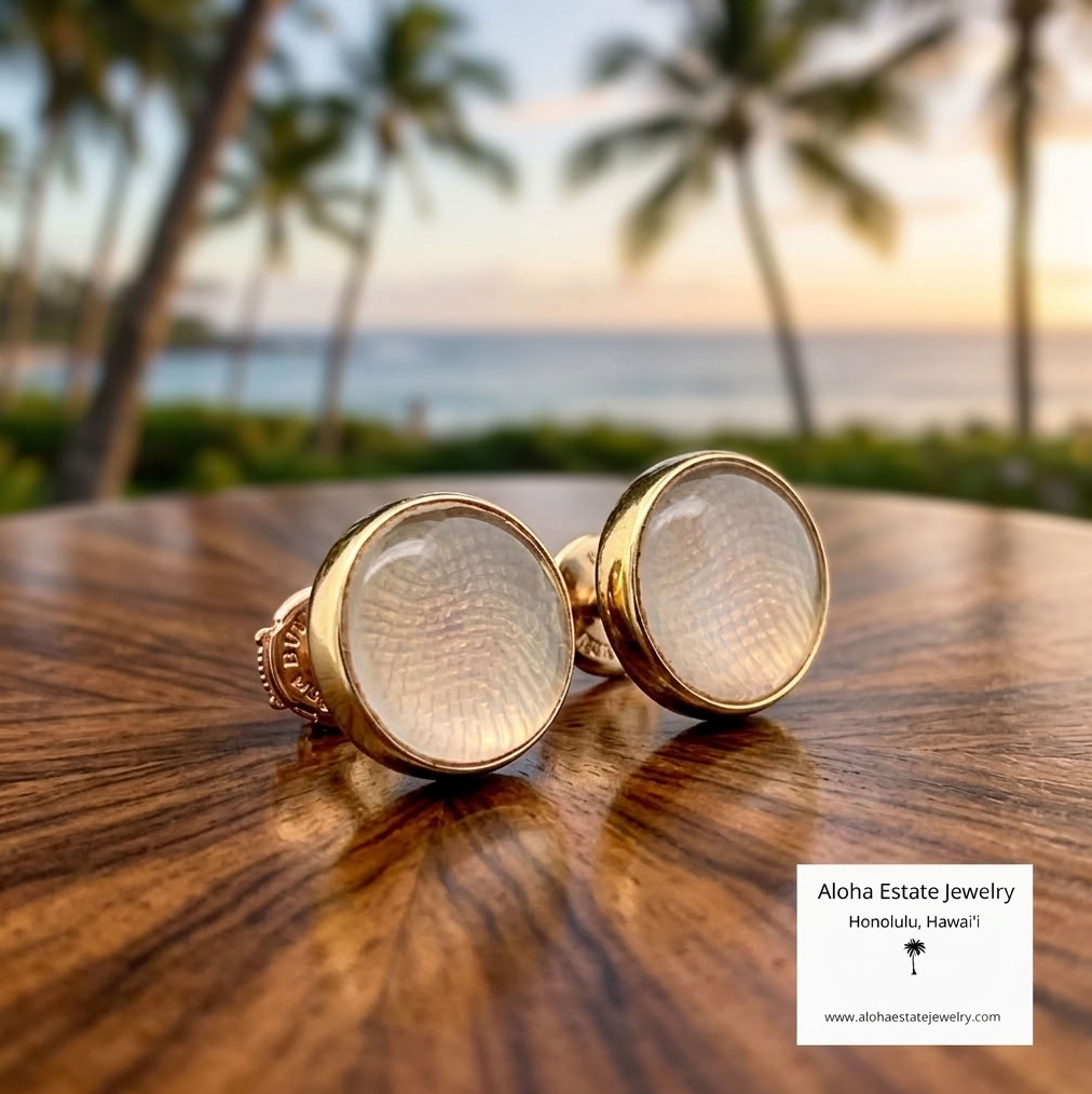 Vintage Bulgari 18K Gold Cabochon Earrings, Guilloche Base with Boxes