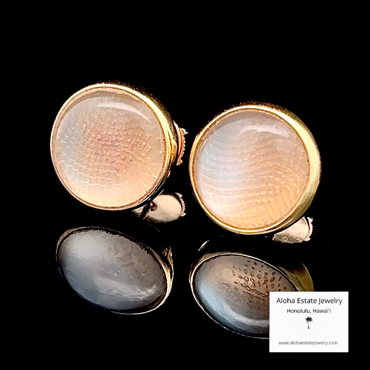 Vintage Bulgari 18K Gold Cabochon Earrings, Guilloche Base with Boxes