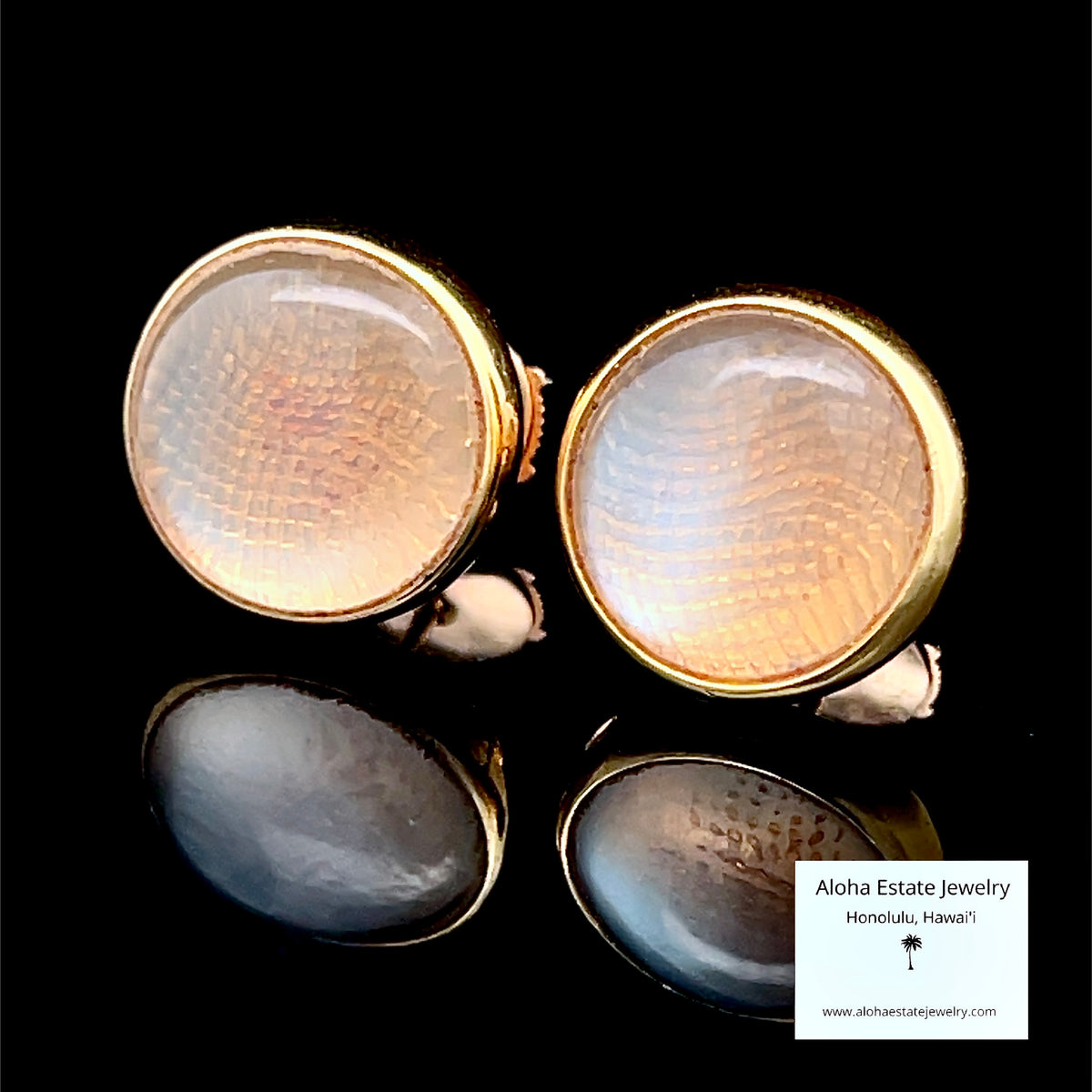 Vintage Bulgari 18K Gold Cabochon Earrings, Guilloche Base with Boxes