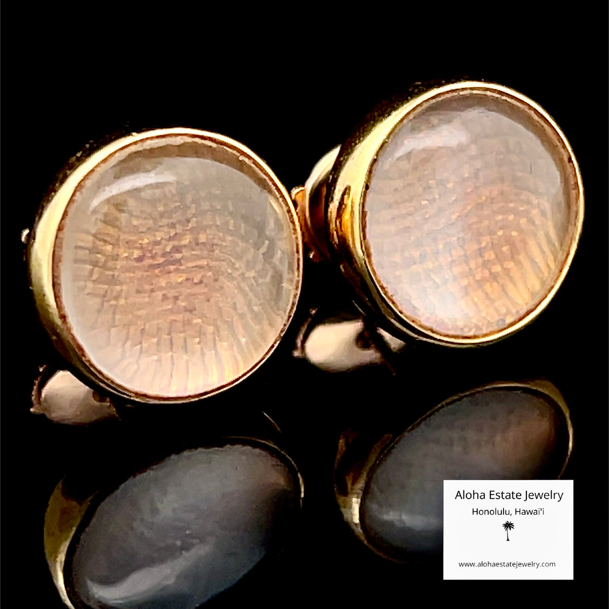 Vintage Bulgari 18K Gold Cabochon Earrings, Guilloche Base with Boxes