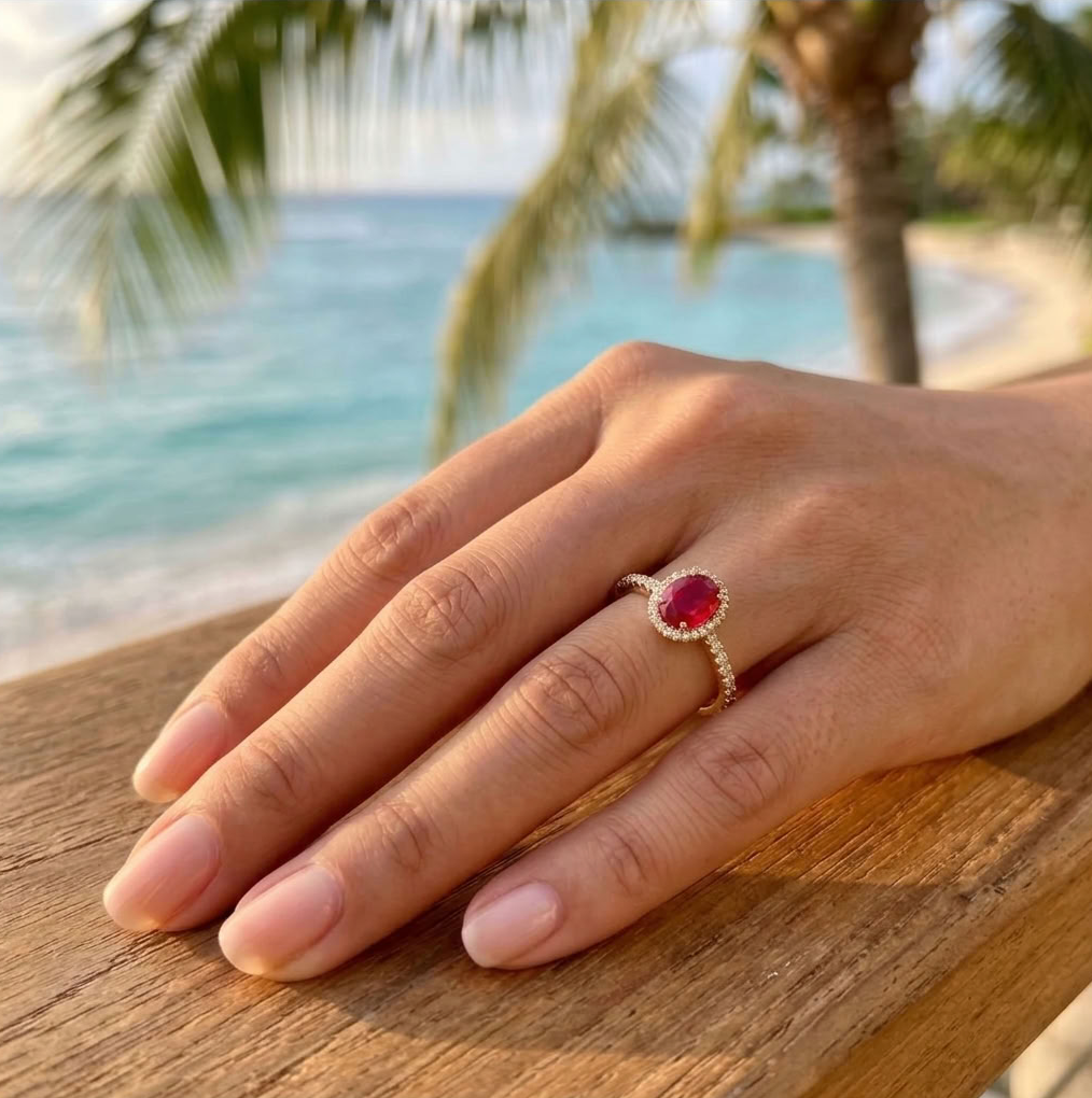14K Red Rubellite & Diamond Halo Ring, Oval 8x6mm, Size 6